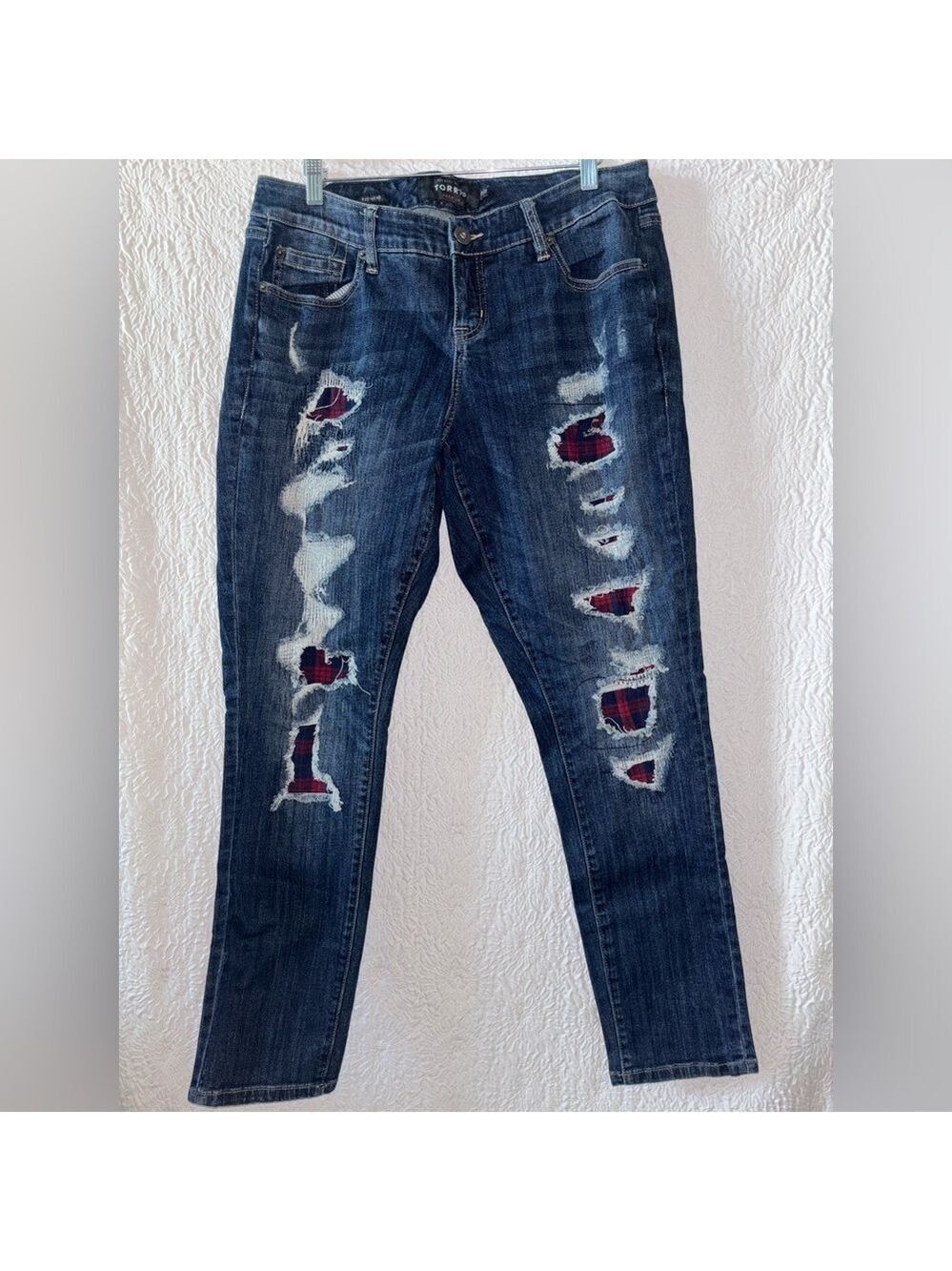 Torrid Premium Boyfriend Plaid Destruction Details Slim Jeans